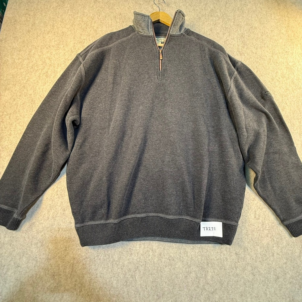 Tommy Bahama Men Large 1/4 Zip Cotton Pullover Sweater Charcoal Grey Marlin Logo